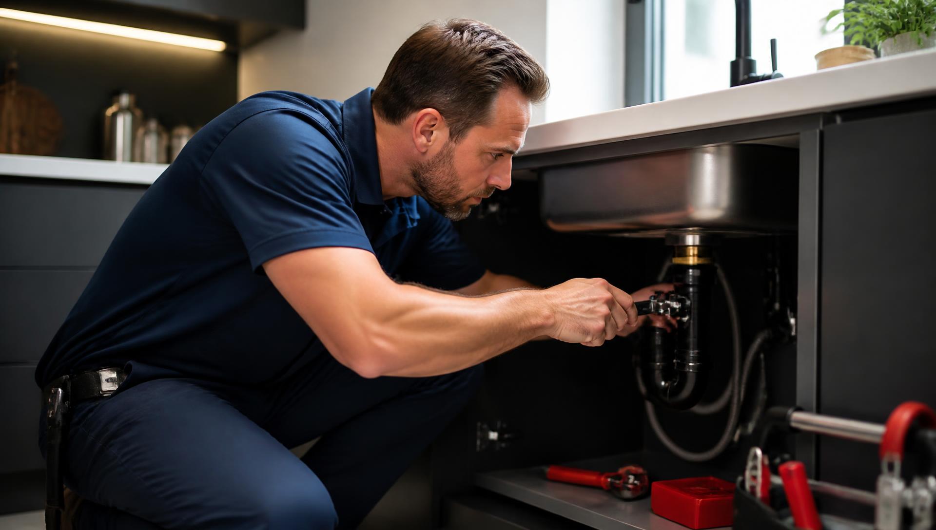 Atlas plumber repairing pipes under a modern kitchen sink